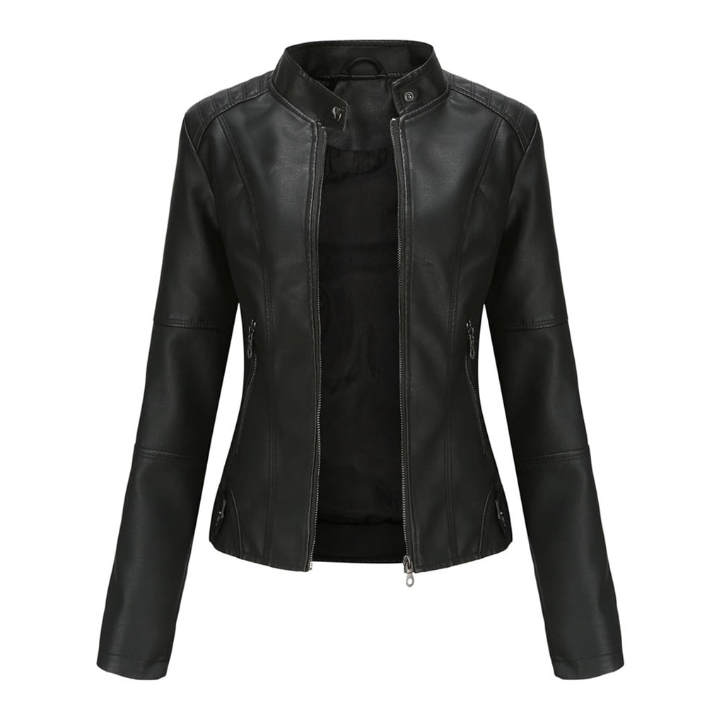 Women's Faux Leather Jacket with Quilted Shoulders and Zip Closure - Image 1