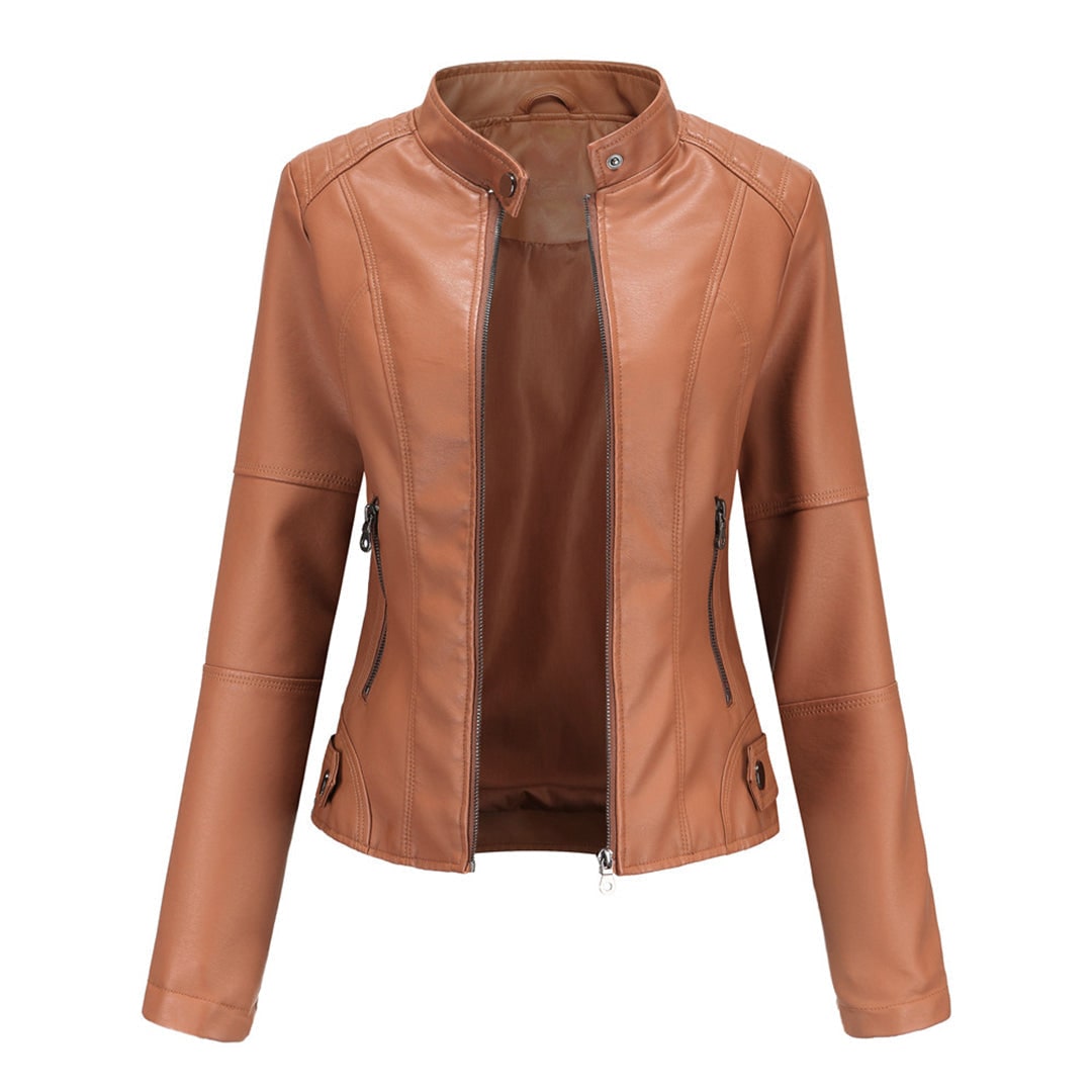 Women's Faux Leather Jacket with Quilted Shoulders and Zip Closure - Image 2