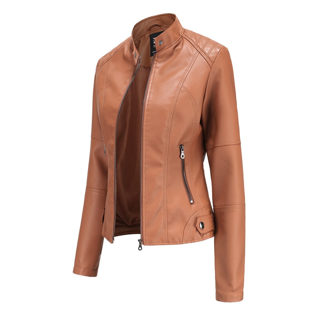 Women's Faux Leather Jacket with Quilted Shoulders and Zip Closure - Image 3