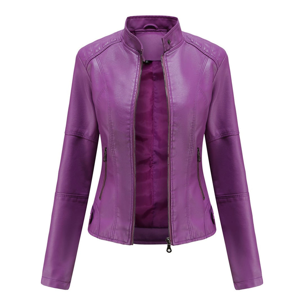 Women's Faux Leather Jacket with Quilted Shoulders and Zip Closure - Image 4