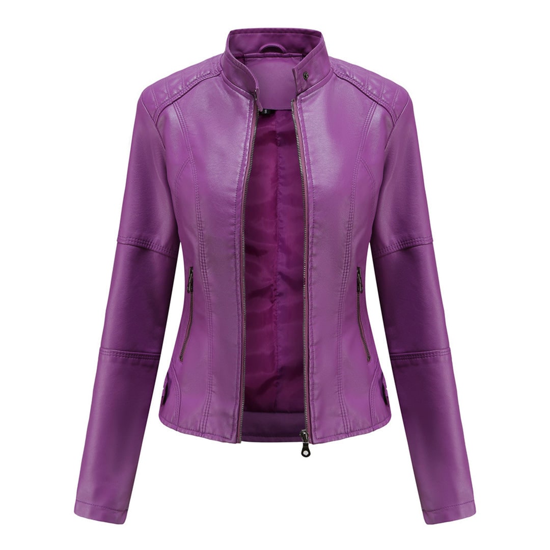 Women's Faux Leather Jacket with Quilted Shoulders and Zip Closure - Image 4