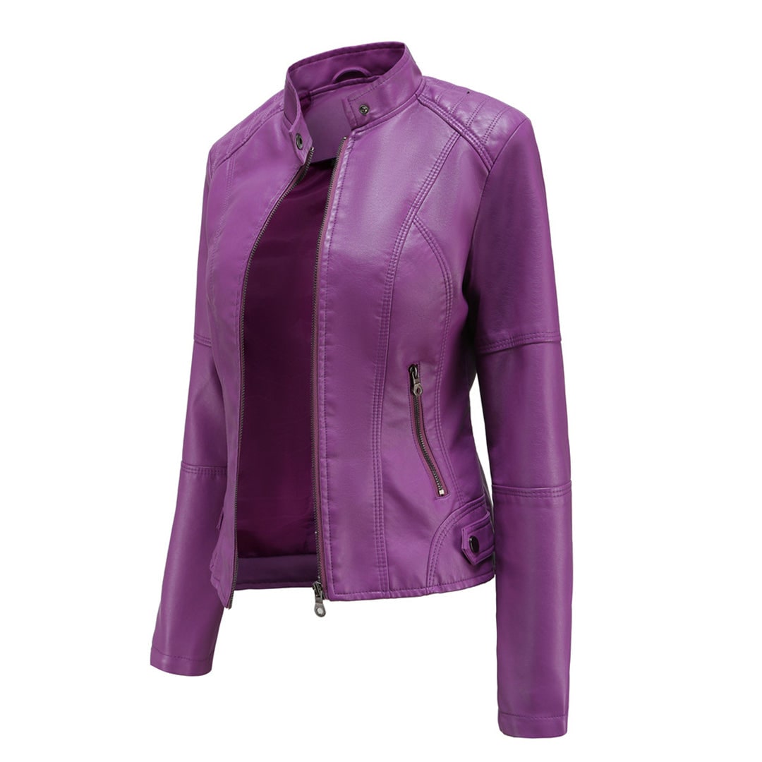 Women's Faux Leather Jacket with Quilted Shoulders and Zip Closure - Image 5