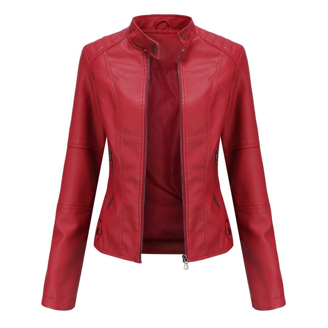 Women's Faux Leather Jacket with Quilted Shoulders and Zip Closure - Image 6