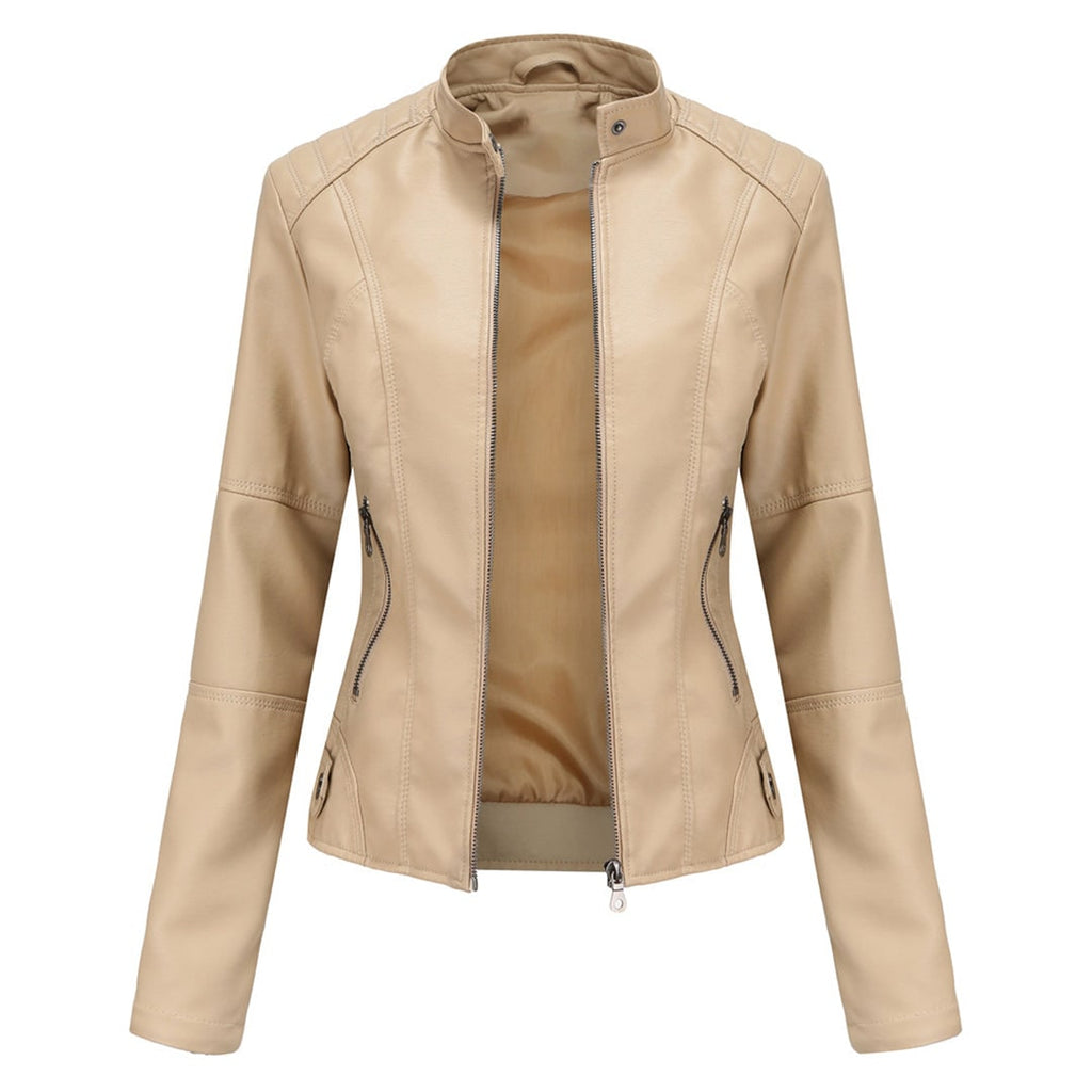 Women's Faux Leather Jacket with Quilted Shoulders and Zip Closure - Image 7