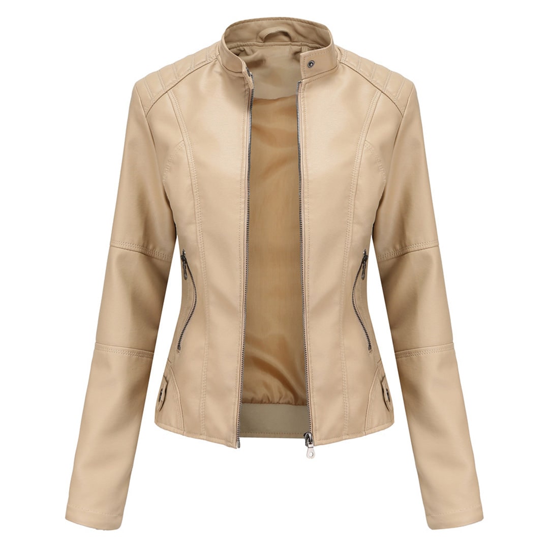 Women's Faux Leather Jacket with Quilted Shoulders and Zip Closure - Image 7