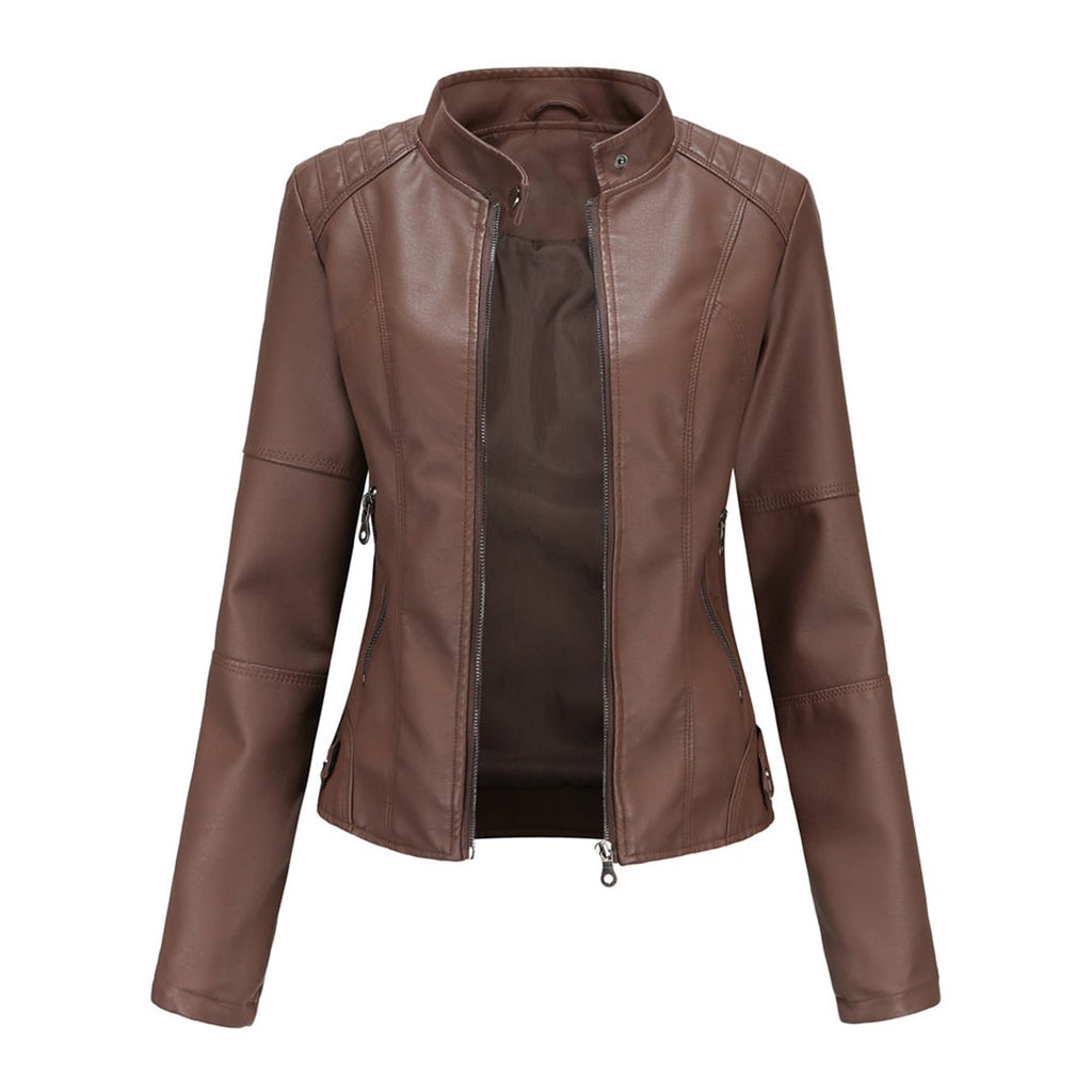 Women's Faux Leather Jacket with Quilted Shoulders and Zip Closure - Image 8