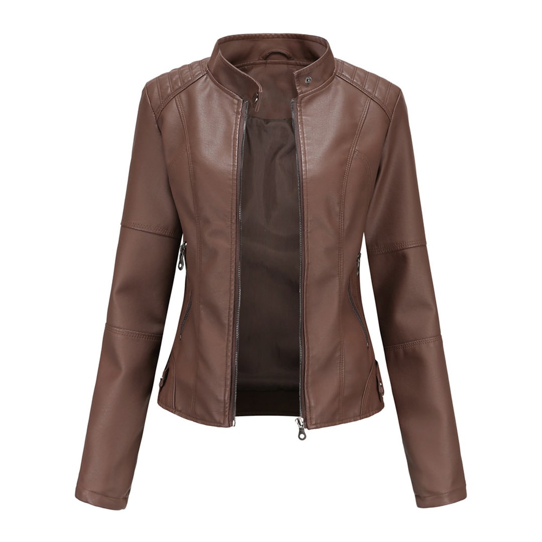 Women's Faux Leather Jacket with Quilted Shoulders and Zip Closure - Image 8