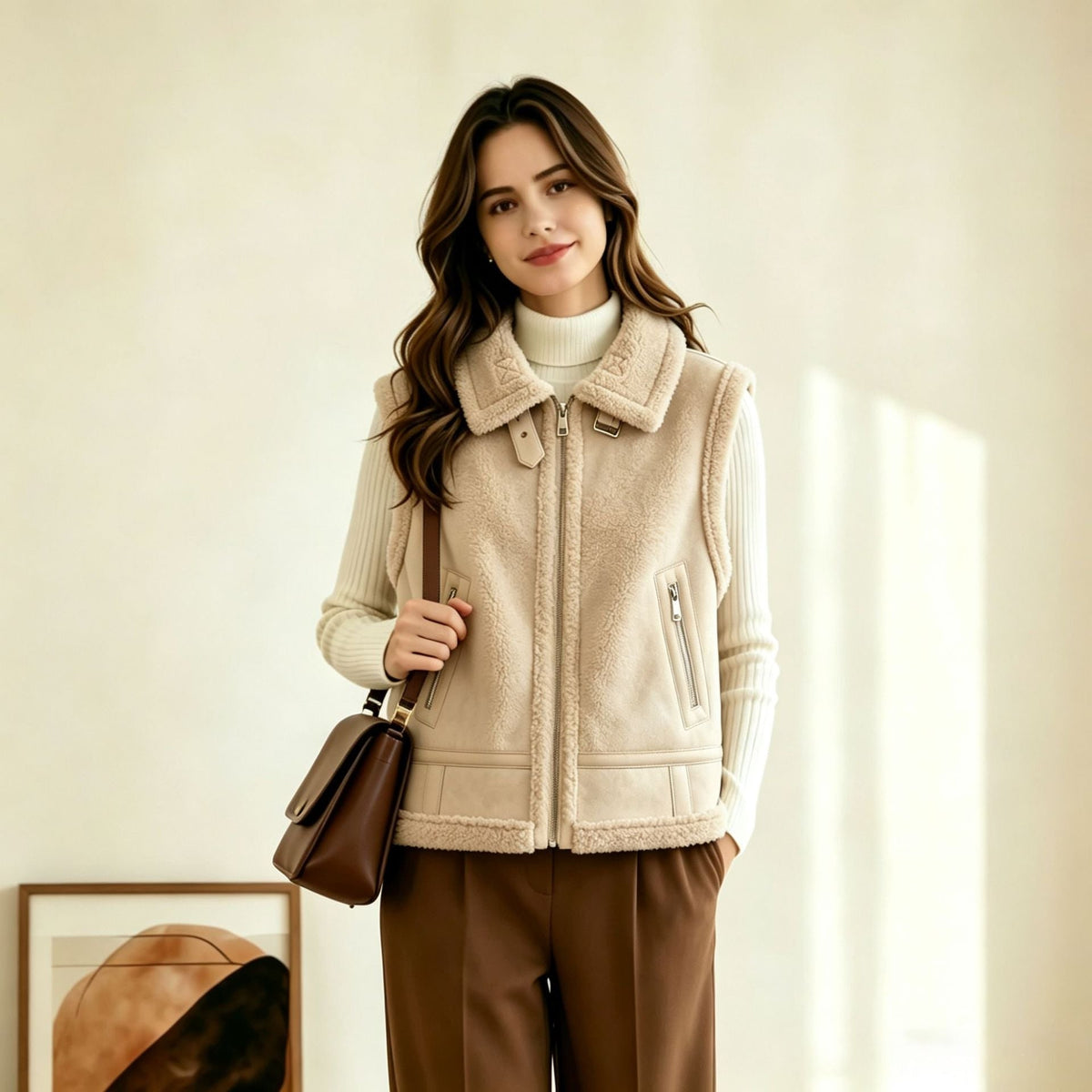 Women's Faux Shearling Aviator Vest with Zip Pockets and Buckled Collar - Image 1