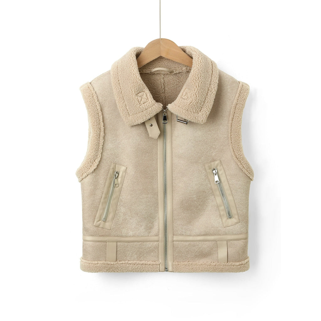 Women's Faux Shearling Aviator Vest with Zip Pockets and Buckled Collar - Image 2