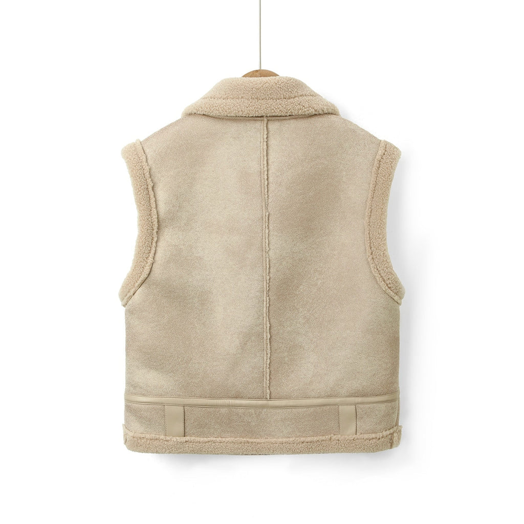 Women's Faux Shearling Aviator Vest with Zip Pockets and Buckled Collar - Image 3