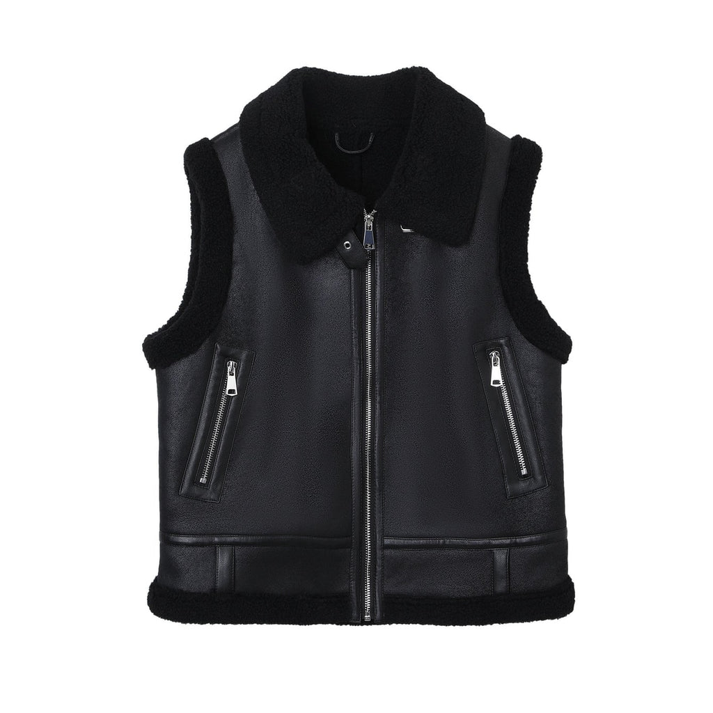Women's Faux Shearling Aviator Vest with Zip Pockets and Buckled Collar - Image 6