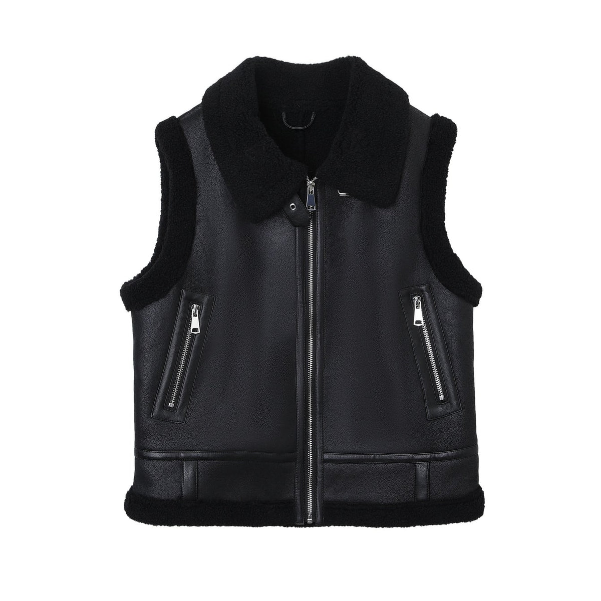 Women's Faux Shearling Aviator Vest with Zip Pockets and Buckled Collar - Image 6