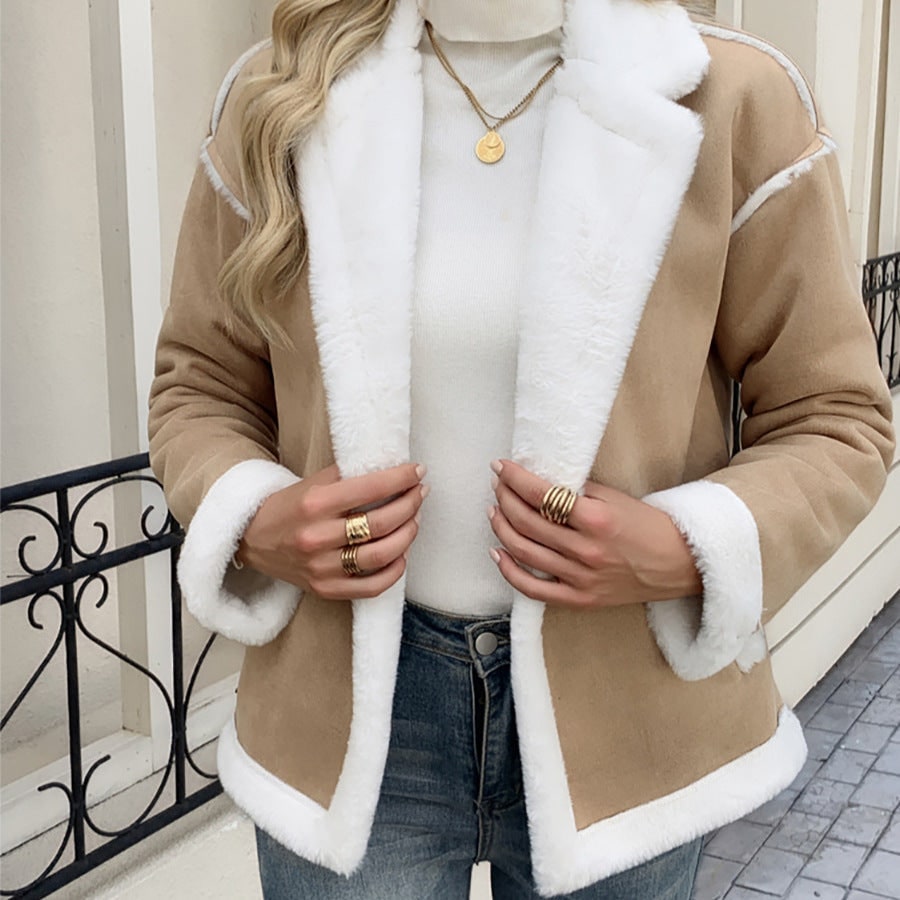 Women's Faux Shearling Jacket with Suede and Fur Lining Lapel Collar - Image 4