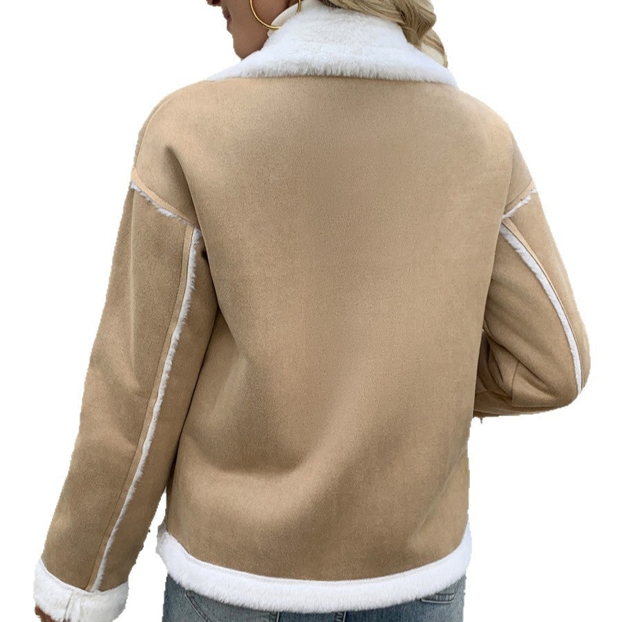 Women's Faux Shearling Jacket with Suede and Fur Lining Lapel Collar - Image 5