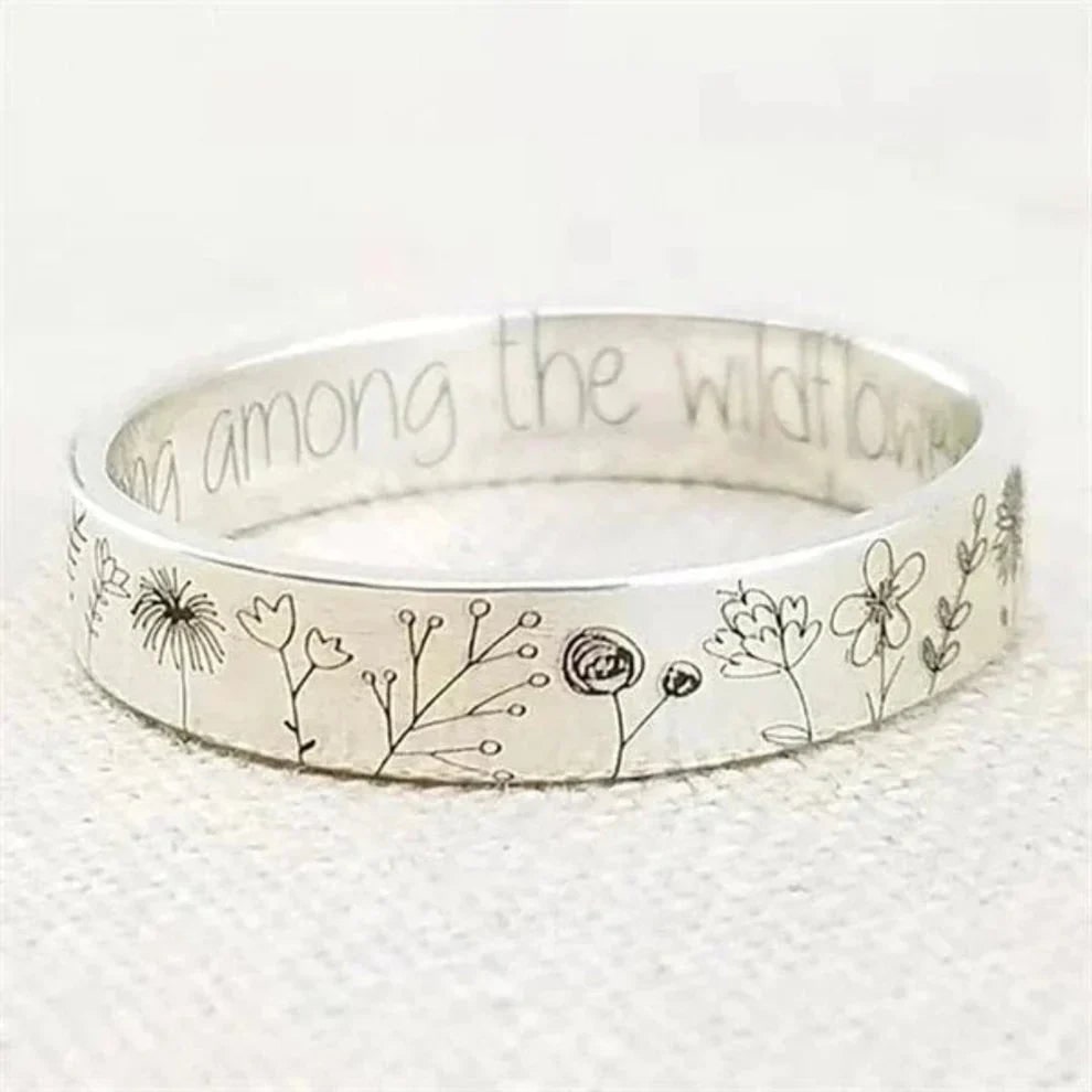 Women's Flat Band Silver Ring Engraved Wildflower Personalized - Image 1
