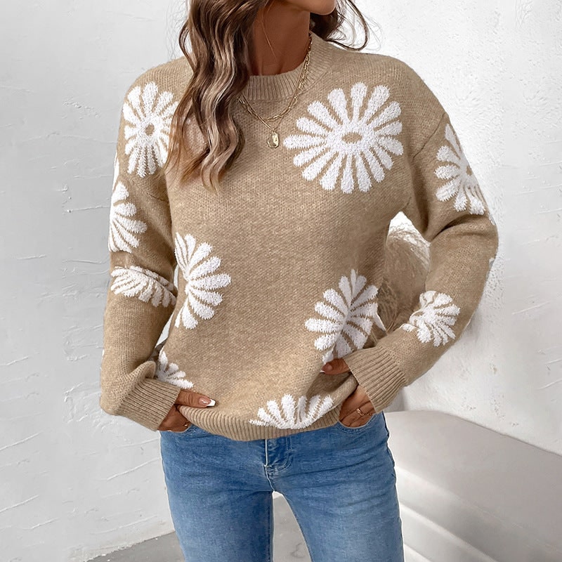 Women's Floral Knit Crew Neck Sweater with Ribbed Details and Relaxed Fit - Image 1
