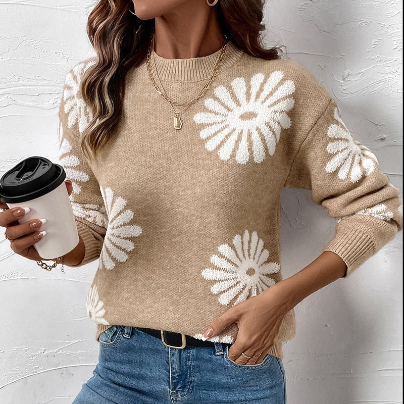 Women's Floral Knit Crew Neck Sweater with Ribbed Details and Relaxed Fit - Image 2