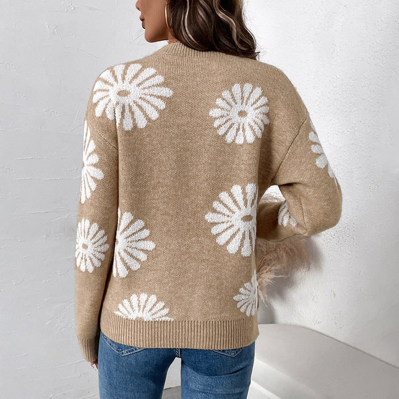 Women's Floral Knit Crew Neck Sweater with Ribbed Details and Relaxed Fit - Image 4