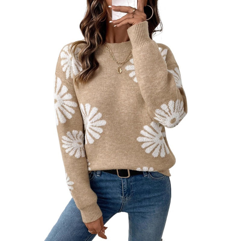 Women's Floral Knit Crew Neck Sweater with Ribbed Details and Relaxed Fit - Image 5
