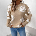Women's Floral Knit Crew Neck Sweater with Ribbed Details and Relaxed Fit - Image 6
