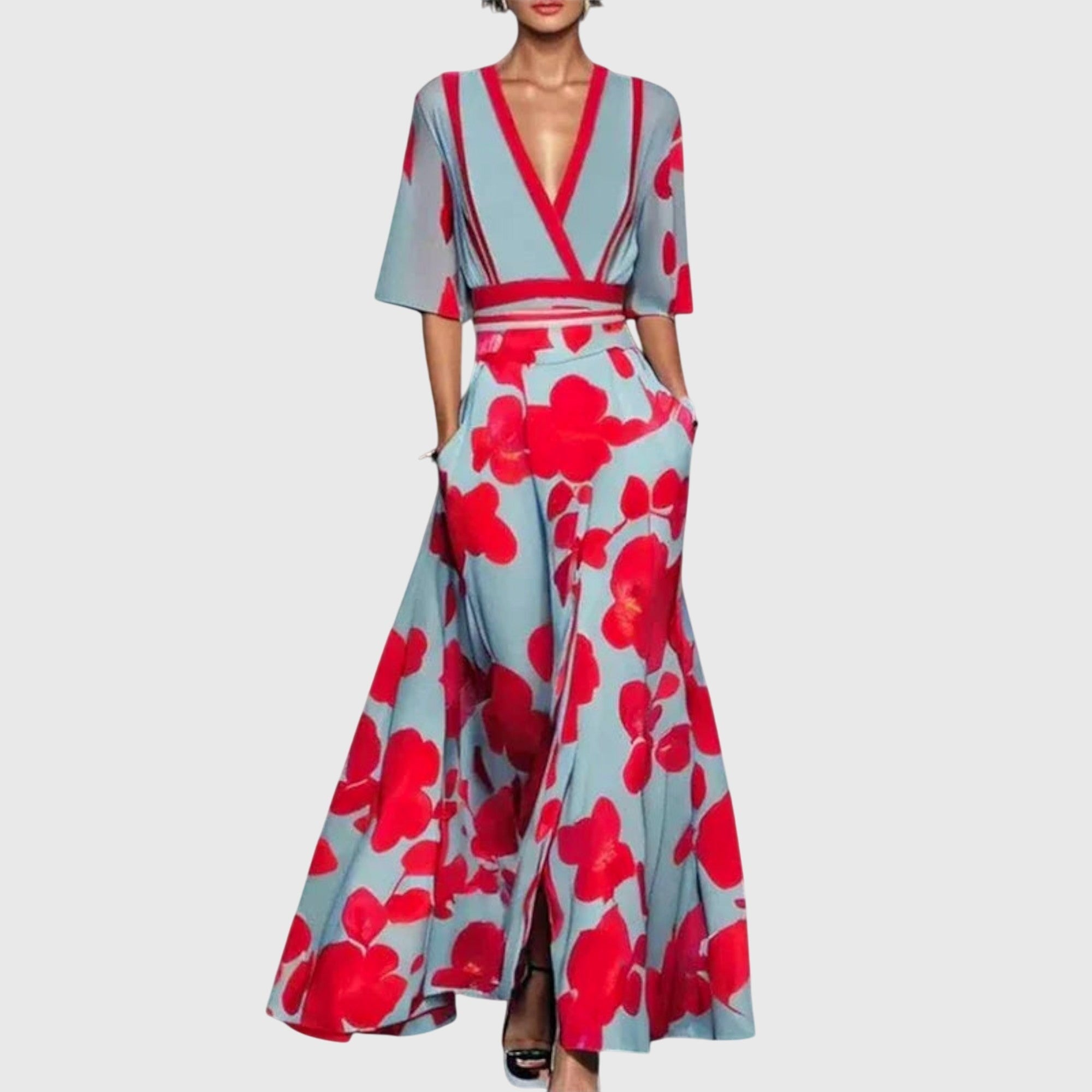 Women's Floral Long Sleeve Maxi Dress V-Neck with Pockets | A-Line Fitted Waist - Image 2