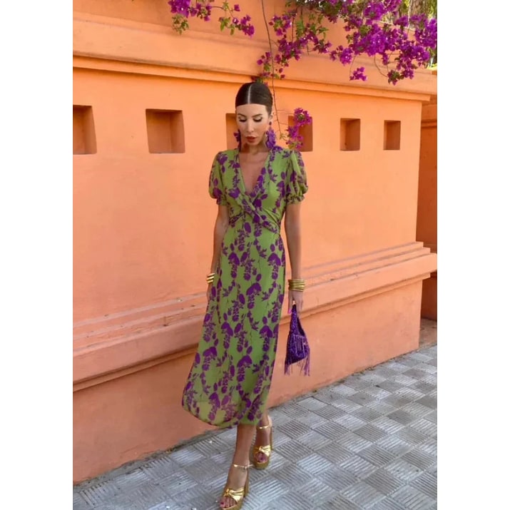 Women's Floral Midi Dress Green Puff Sleeve Summer | Tie-Back V-Neck - Image 1