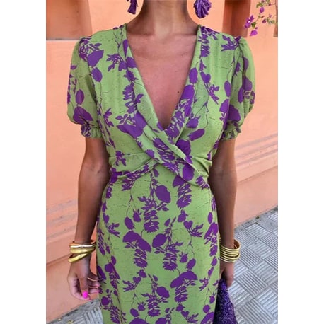 Women's Floral Midi Dress Green Puff Sleeve Summer | Tie-Back V-Neck - Image 2