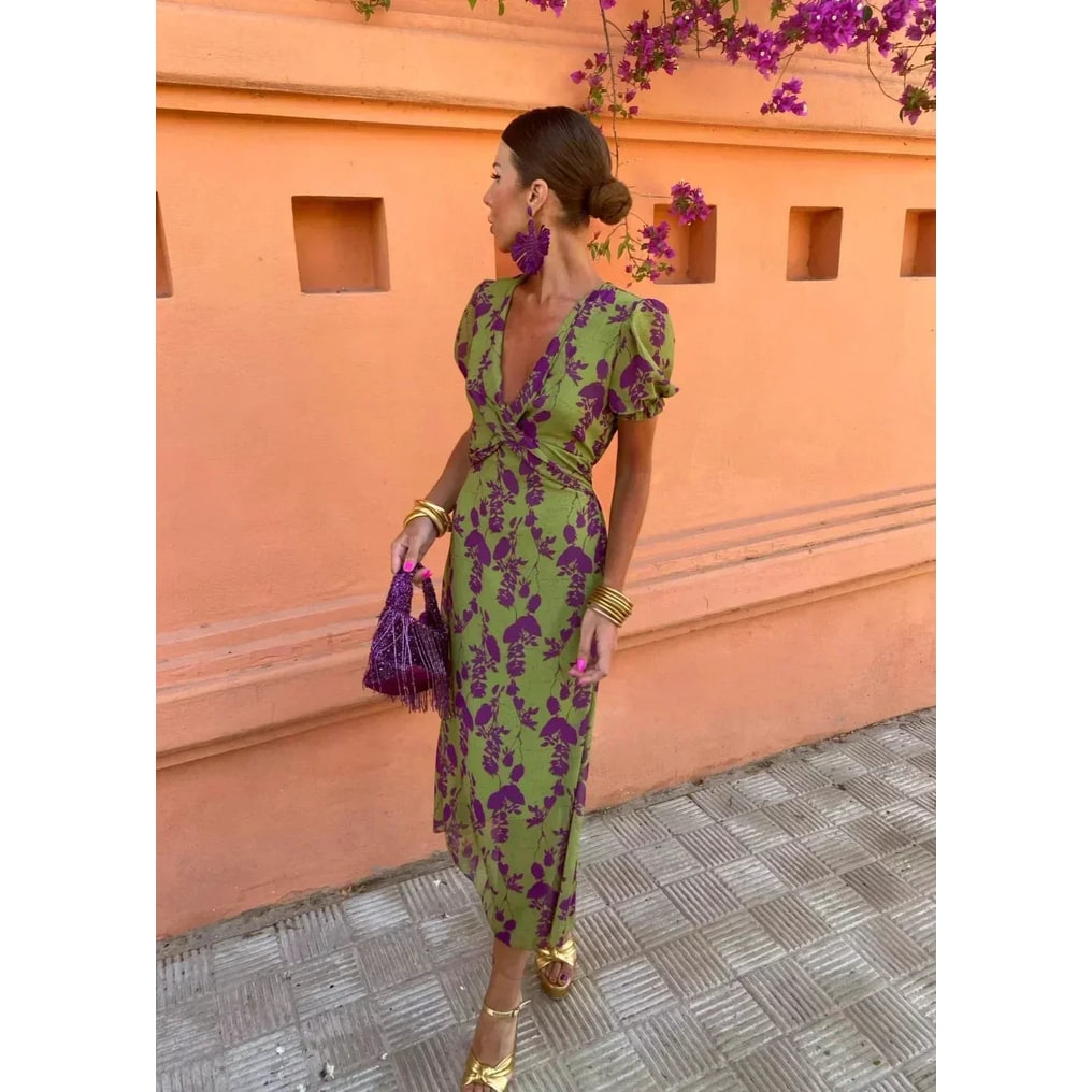 Women's Floral Midi Dress Green Puff Sleeve Summer | Tie-Back V-Neck - Image 3