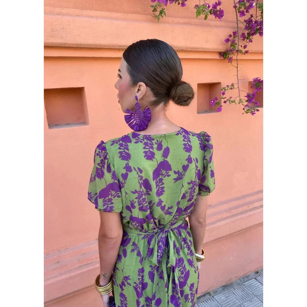 Women's Floral Midi Dress Green Puff Sleeve Summer | Tie-Back V-Neck - Image 4