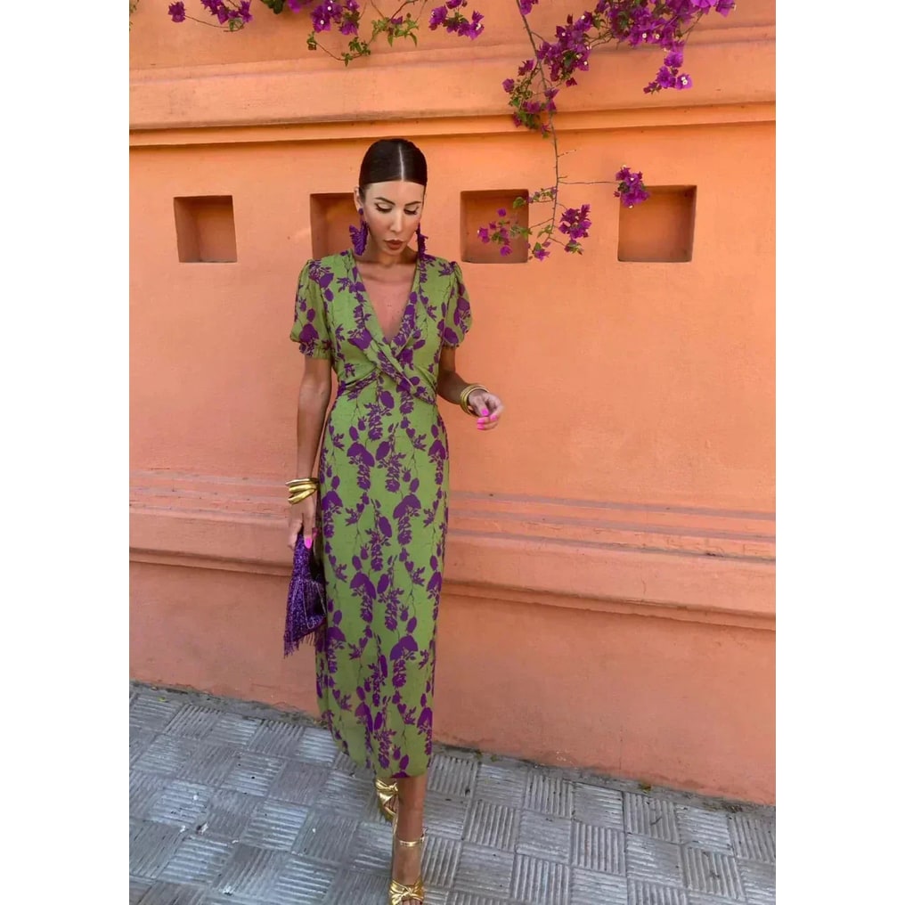 Women's Floral Midi Dress Green Puff Sleeve Summer | Tie-Back V-Neck - Image 5