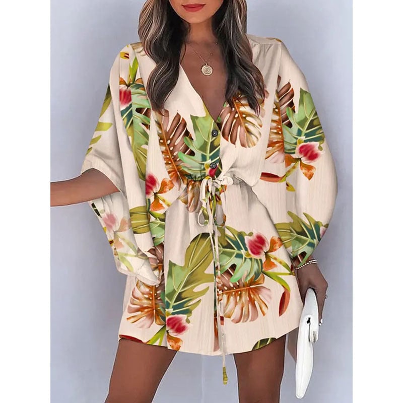 Women's Floral Mini Dress Batwing Sleeve Drawstring Waist | Deep V-Neck - Image 1