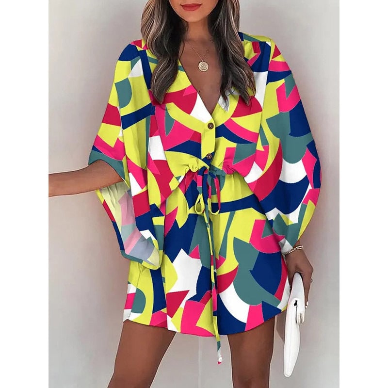 Women's Floral Mini Dress Batwing Sleeve Drawstring Waist | Deep V-Neck - Image 10