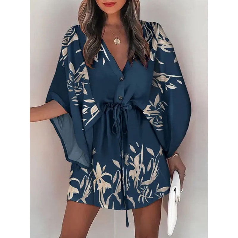 Women's Floral Mini Dress Batwing Sleeve Drawstring Waist | Deep V-Neck - Image 11