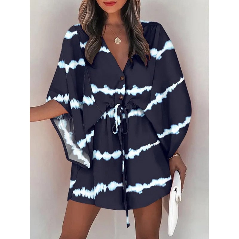 Women's Floral Mini Dress Batwing Sleeve Drawstring Waist | Deep V-Neck - Image 12