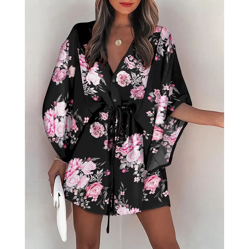Women's Floral Mini Dress Batwing Sleeve Drawstring Waist | Deep V-Neck - Image 13