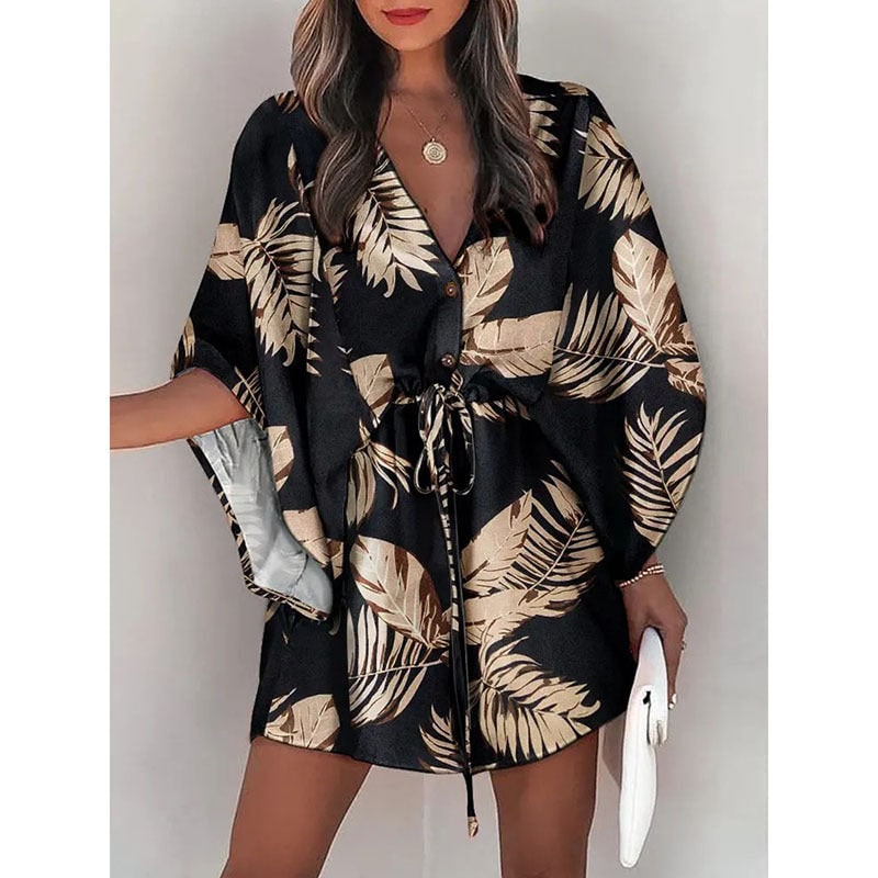 Women's Floral Mini Dress Batwing Sleeve Drawstring Waist | Deep V-Neck - Image 14