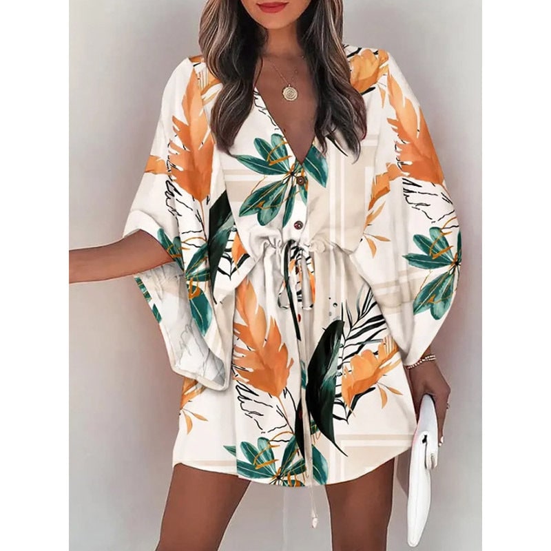 Women's Floral Mini Dress Batwing Sleeve Drawstring Waist | Deep V-Neck - Image 2