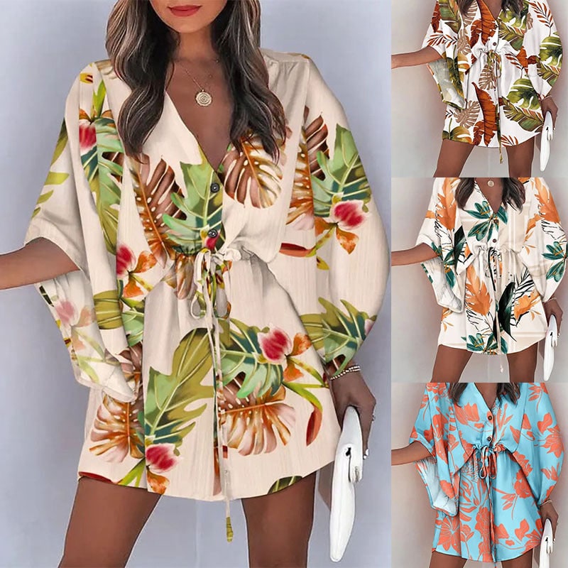 Women's Floral Mini Dress Batwing Sleeve Drawstring Waist | Deep V-Neck - Image 3
