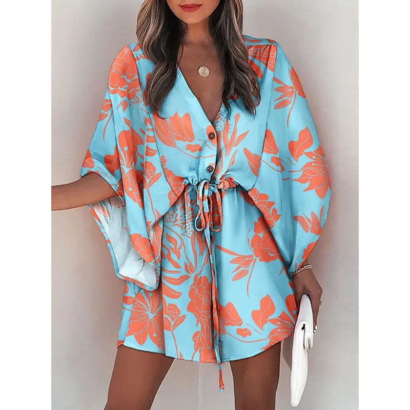 Women's Floral Mini Dress Batwing Sleeve Drawstring Waist | Deep V-Neck - Image 4