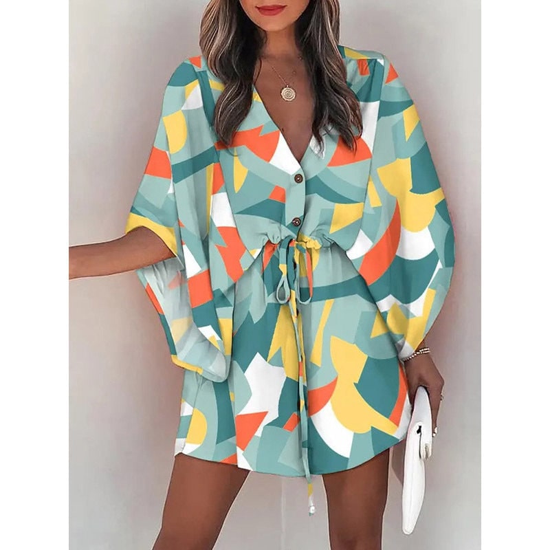 Women's Floral Mini Dress Batwing Sleeve Drawstring Waist | Deep V-Neck - Image 5