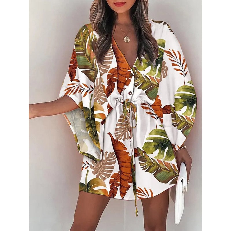 Women's Floral Mini Dress Batwing Sleeve Drawstring Waist | Deep V-Neck - Image 6