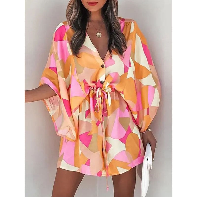 Women's Floral Mini Dress Batwing Sleeve Drawstring Waist | Deep V-Neck - Image 7