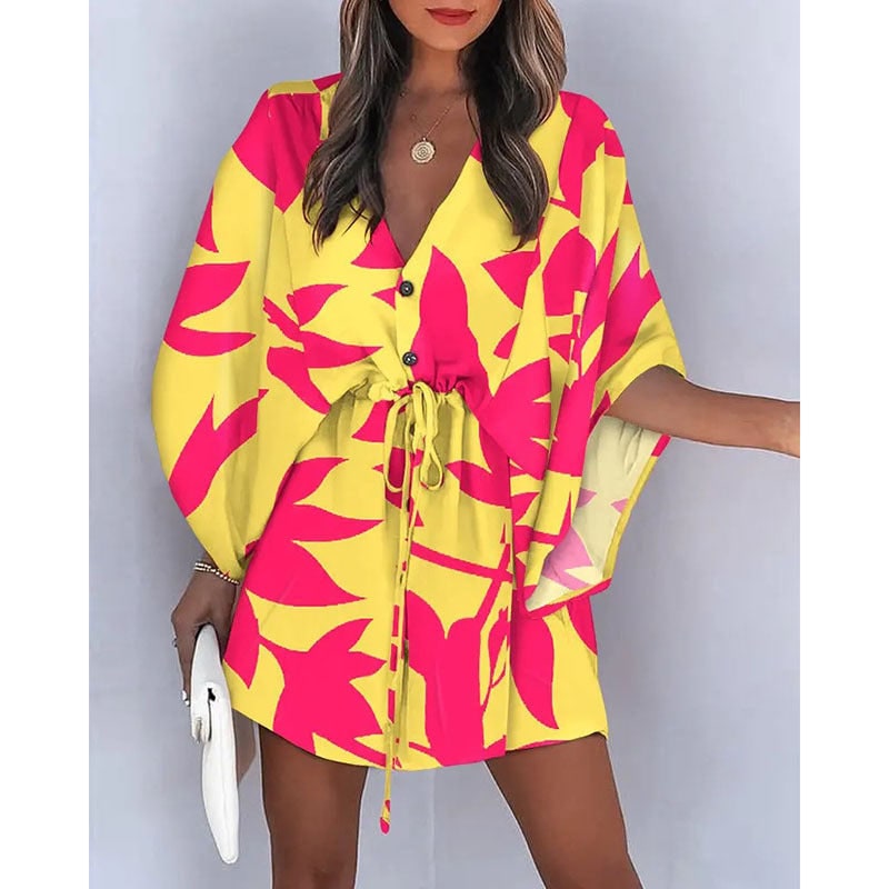 Women's Floral Mini Dress Batwing Sleeve Drawstring Waist | Deep V-Neck - Image 8
