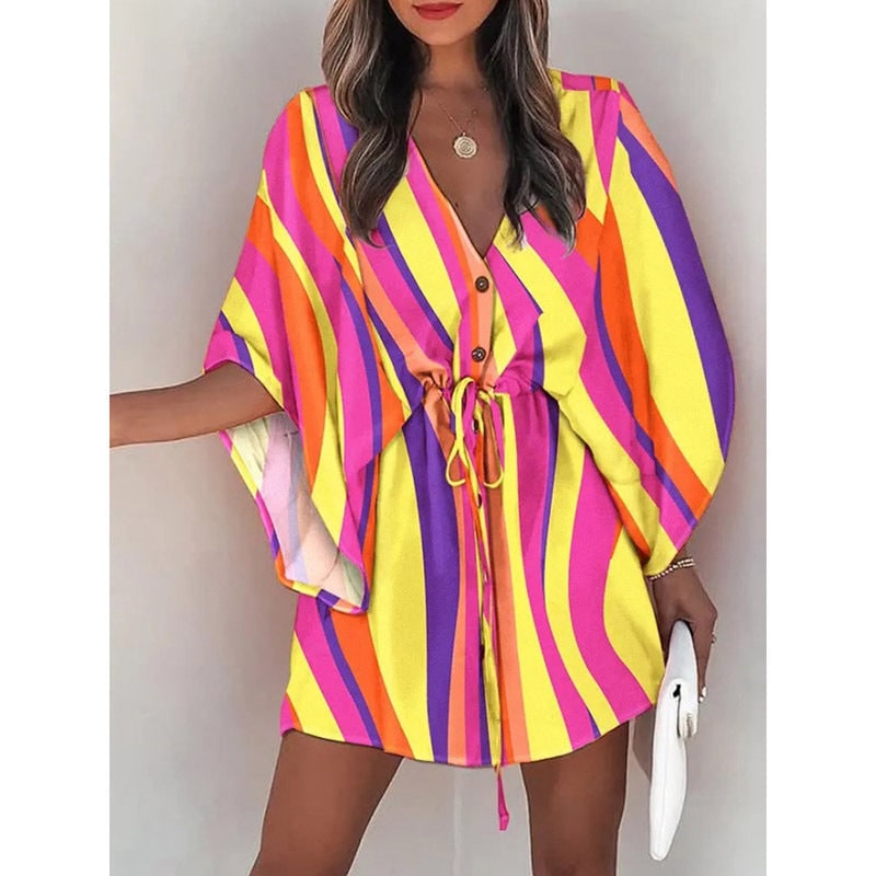 Women's Floral Mini Dress Batwing Sleeve Drawstring Waist | Deep V-Neck - Image 9