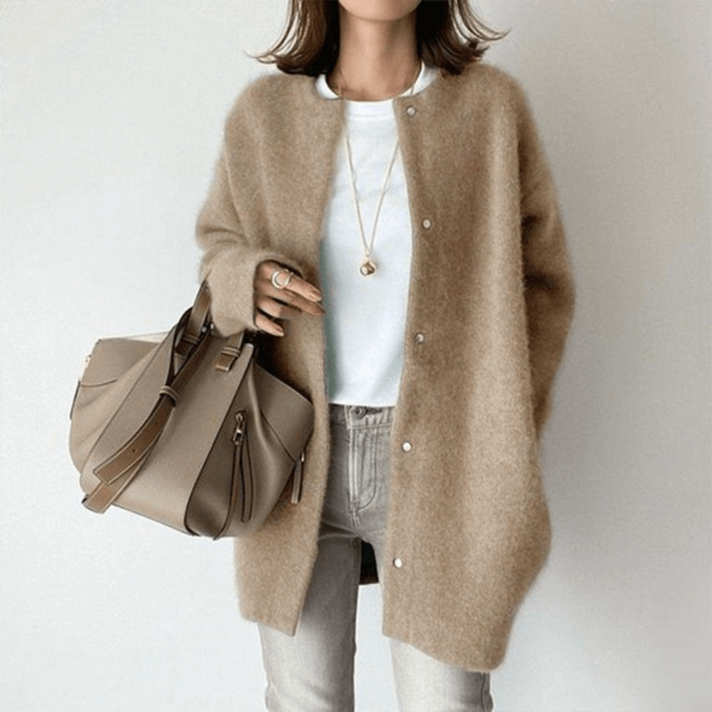Women's Fuzzy Knit Cardigan with Snap Buttons and Oversized Fit - Image 1