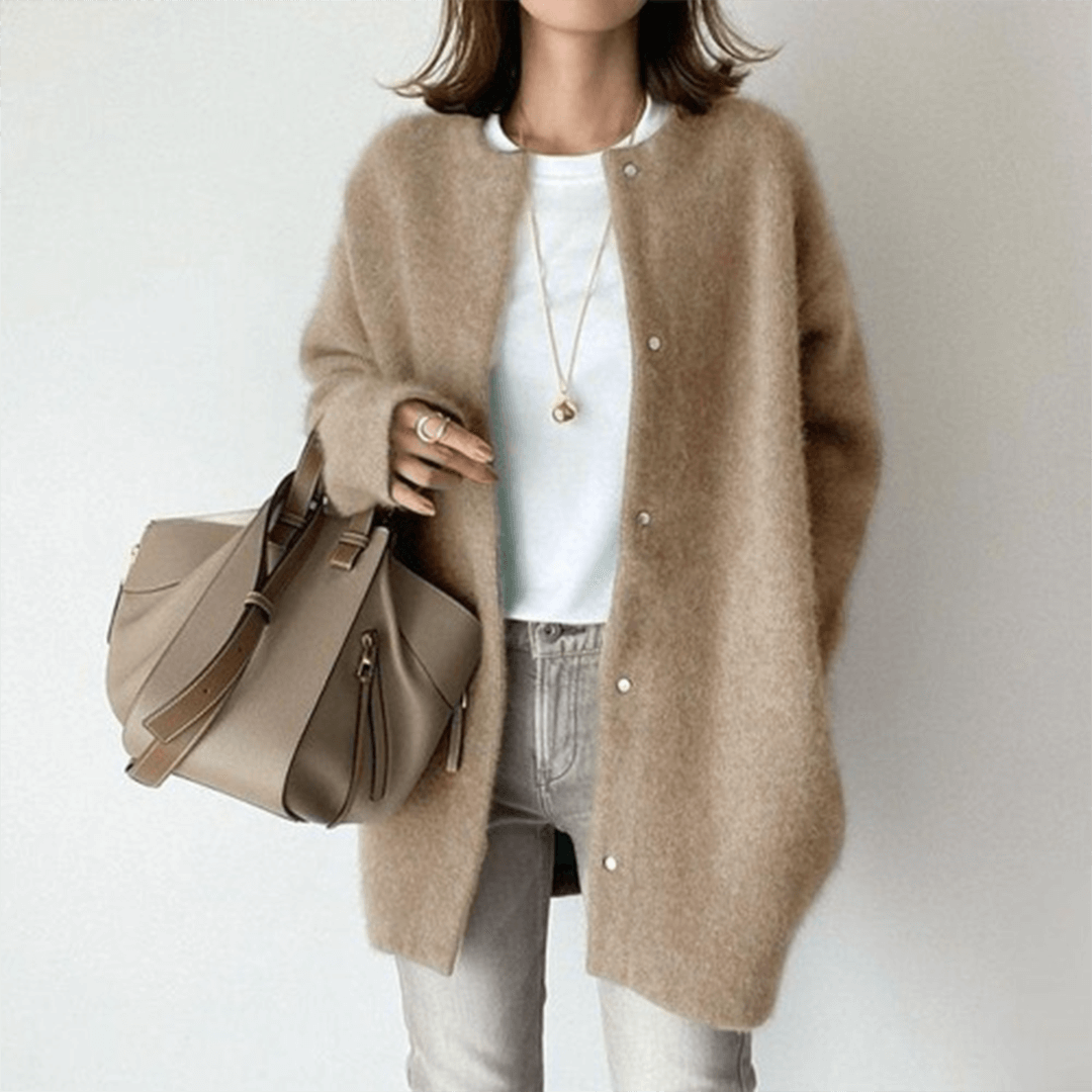 Women's Fuzzy Knit Cardigan with Snap Buttons and Oversized Fit - Image 1