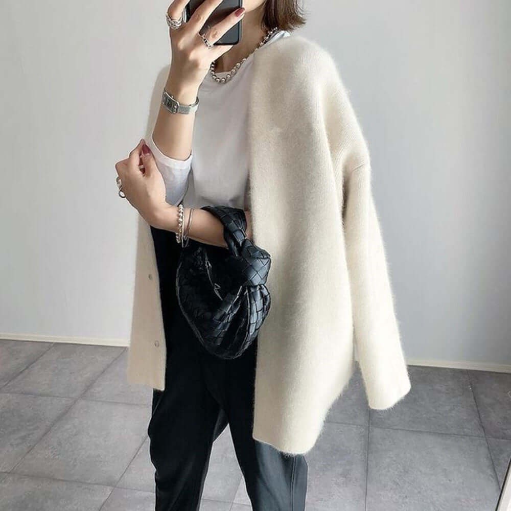 Women's Fuzzy Knit Cardigan with Snap Buttons and Oversized Fit - Image 3