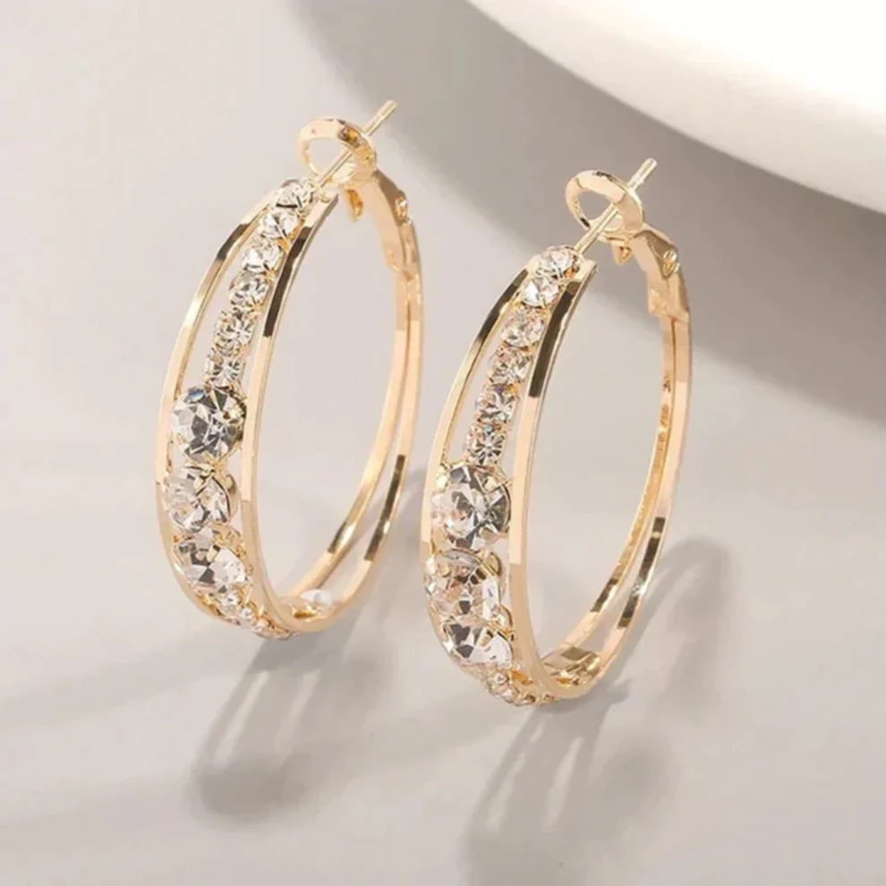 Women's Gold Double Hoop Crystal Earrings Hinged Latch Back - Image 1