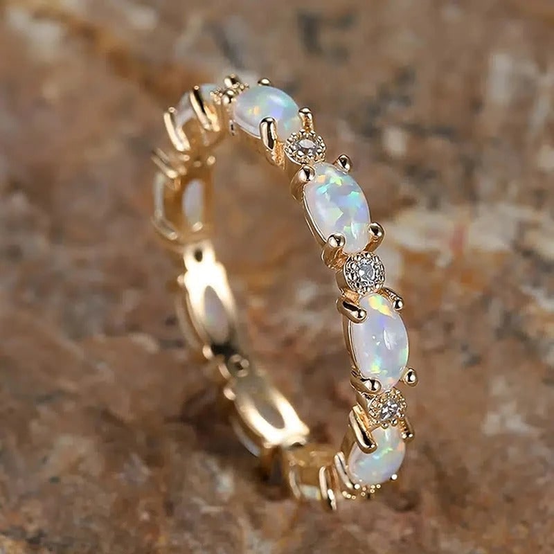 Women's Gold Opal Eternity Ring Vintage Oval Crystal - Image 1