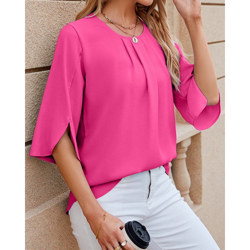 Women's Half Sleeve Chiffon Blouse Pleated Neckline Keyhole Back - Image 1